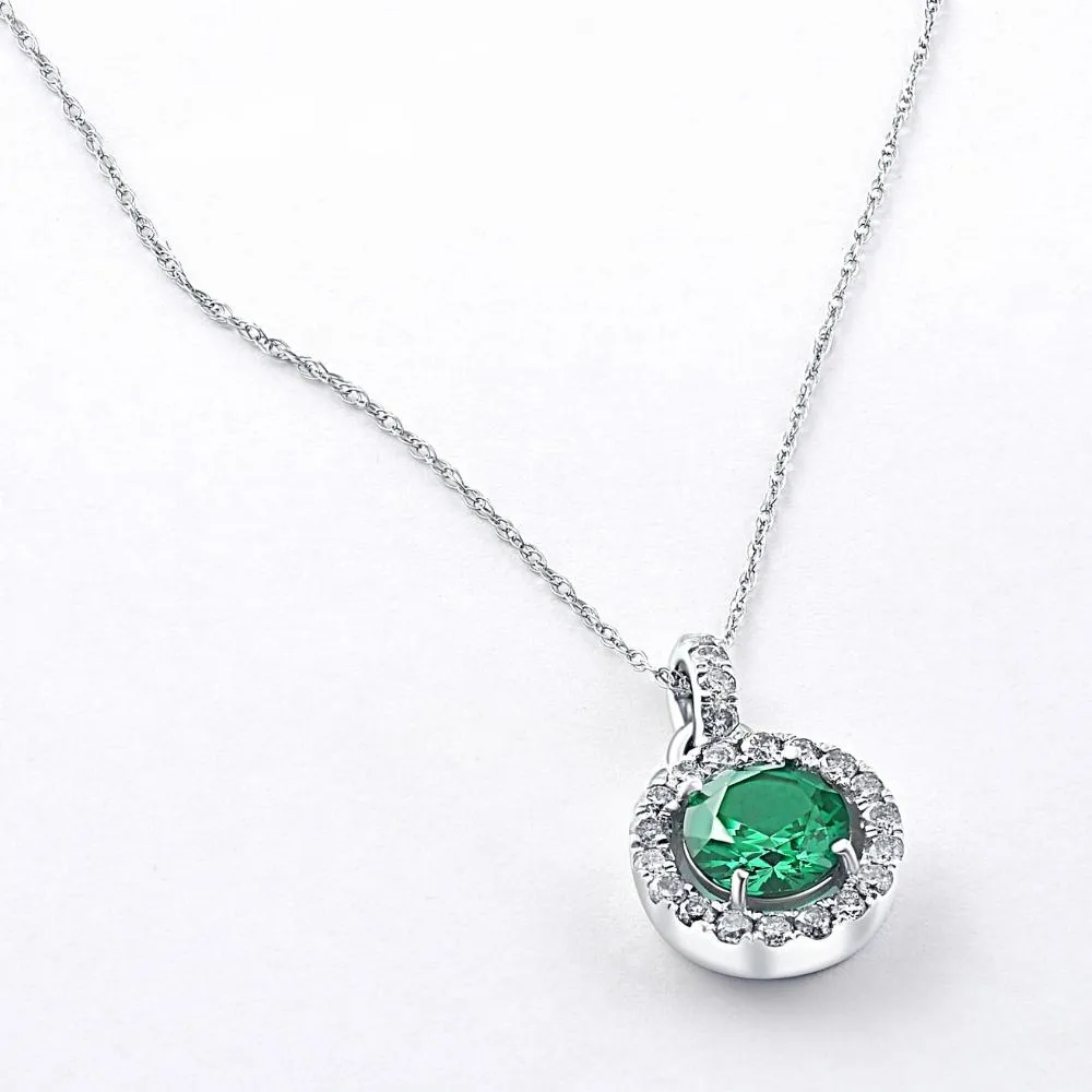 1 1/2Ct Emerald Diamond Halo Pendant Women's 10k White Gold Necklace 18" Length