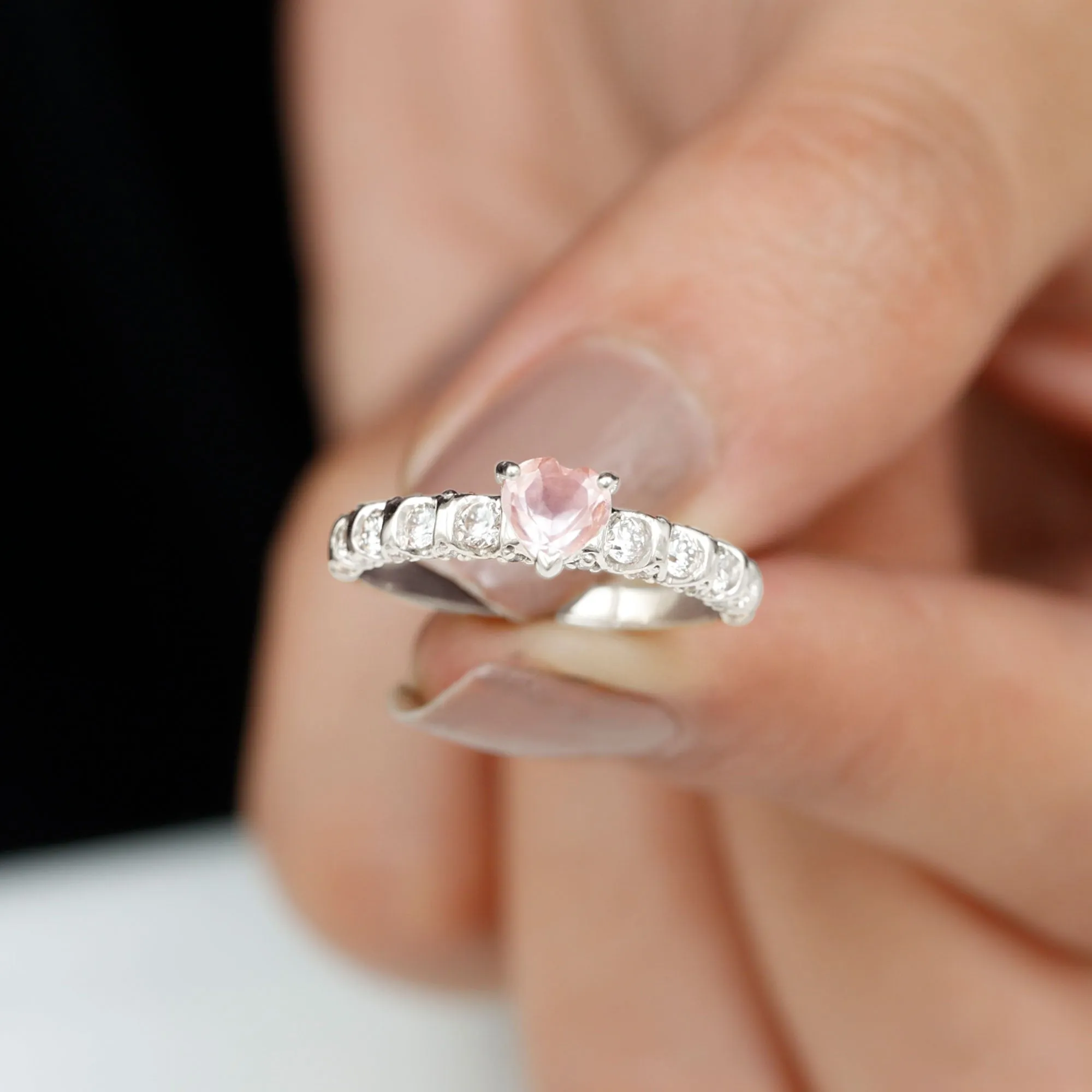 1 CT Claw Set Heart Shape Rose Quartz and Diamond Engagement Ring