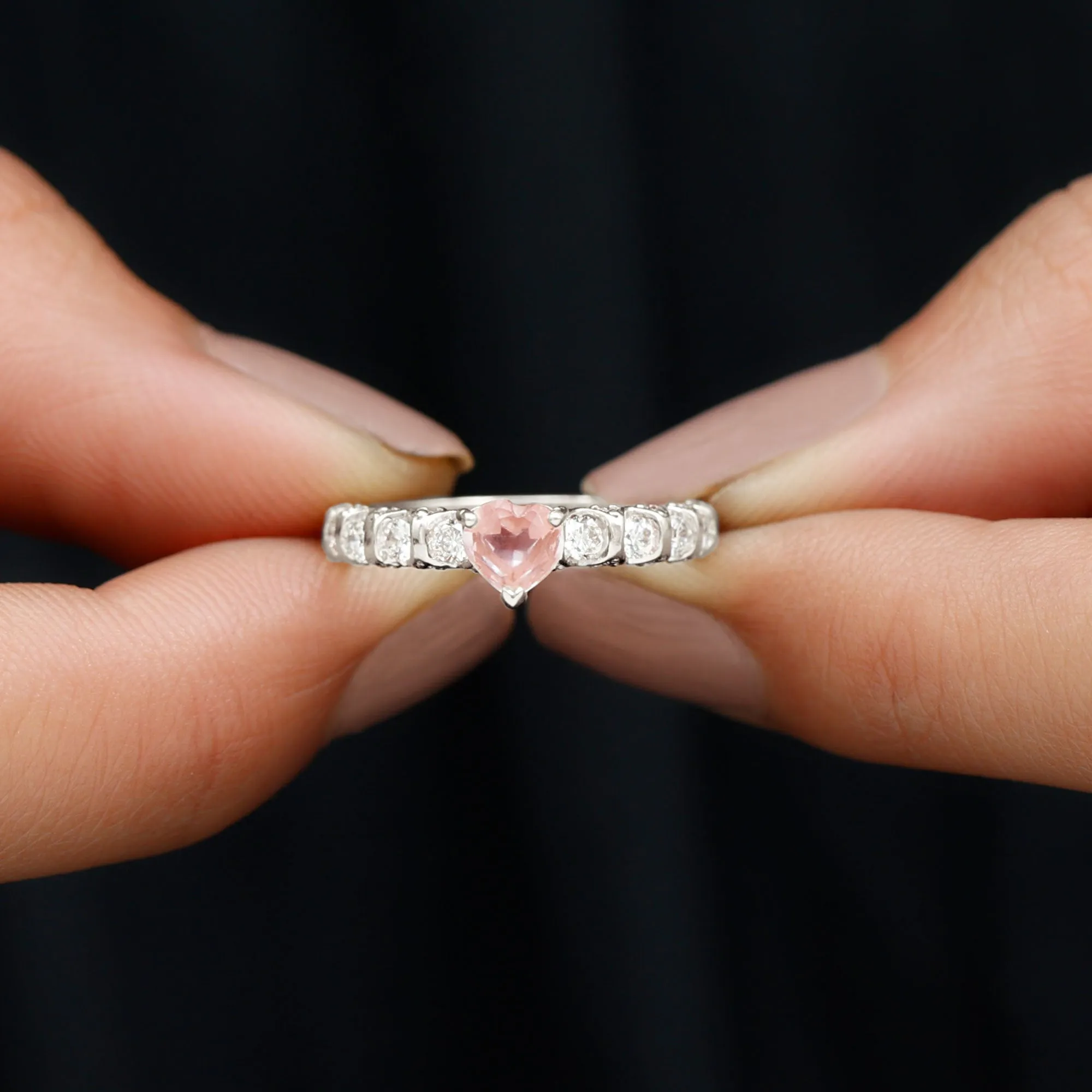 1 CT Claw Set Heart Shape Rose Quartz and Diamond Engagement Ring