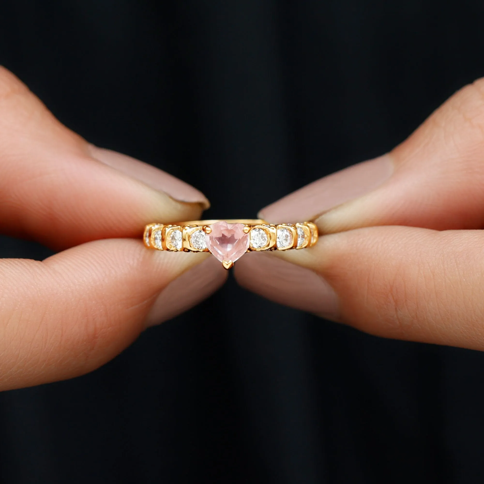 1 CT Claw Set Heart Shape Rose Quartz and Diamond Engagement Ring