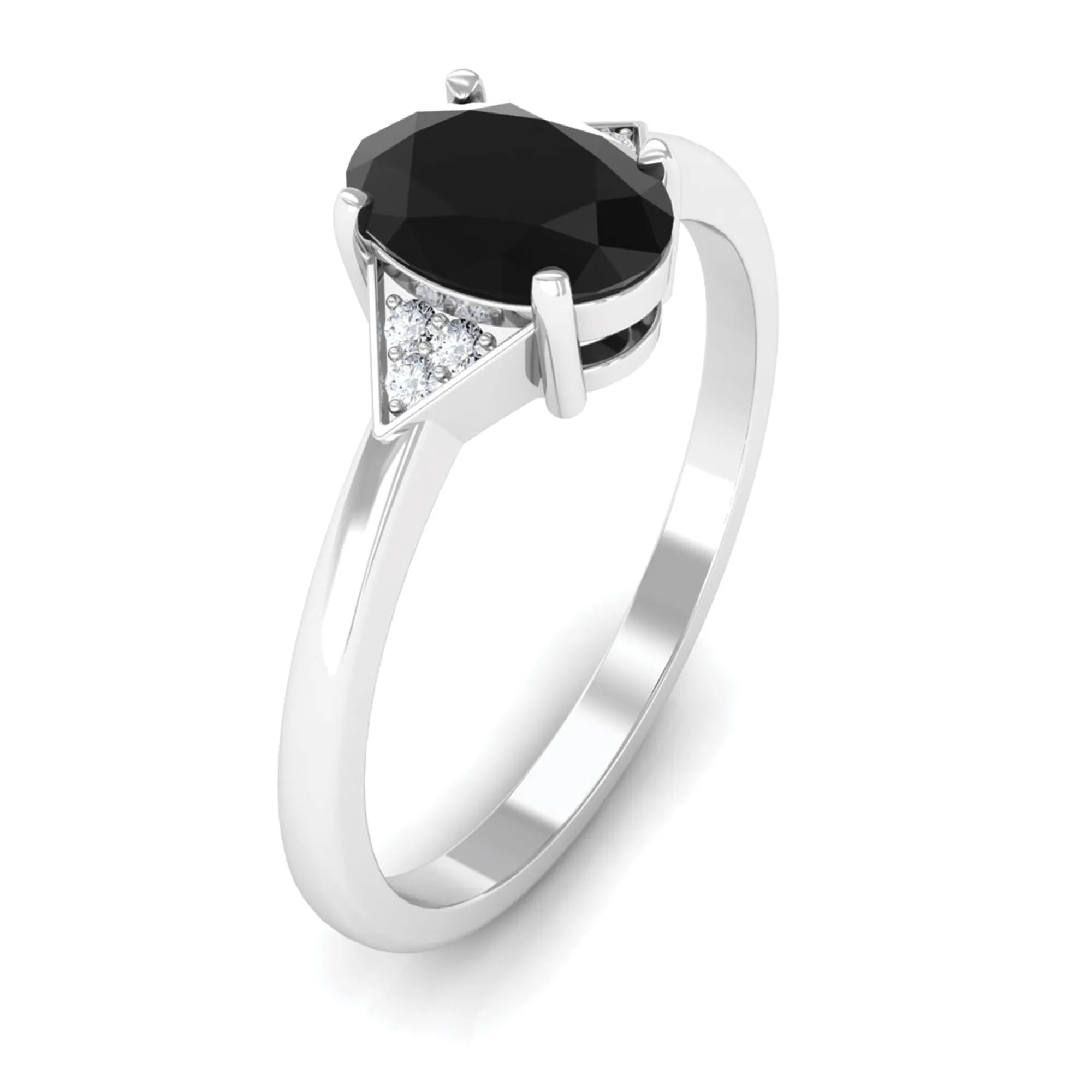 1 CT Oval Cut Black Diamond Solitaire Ring with Diamond Trio