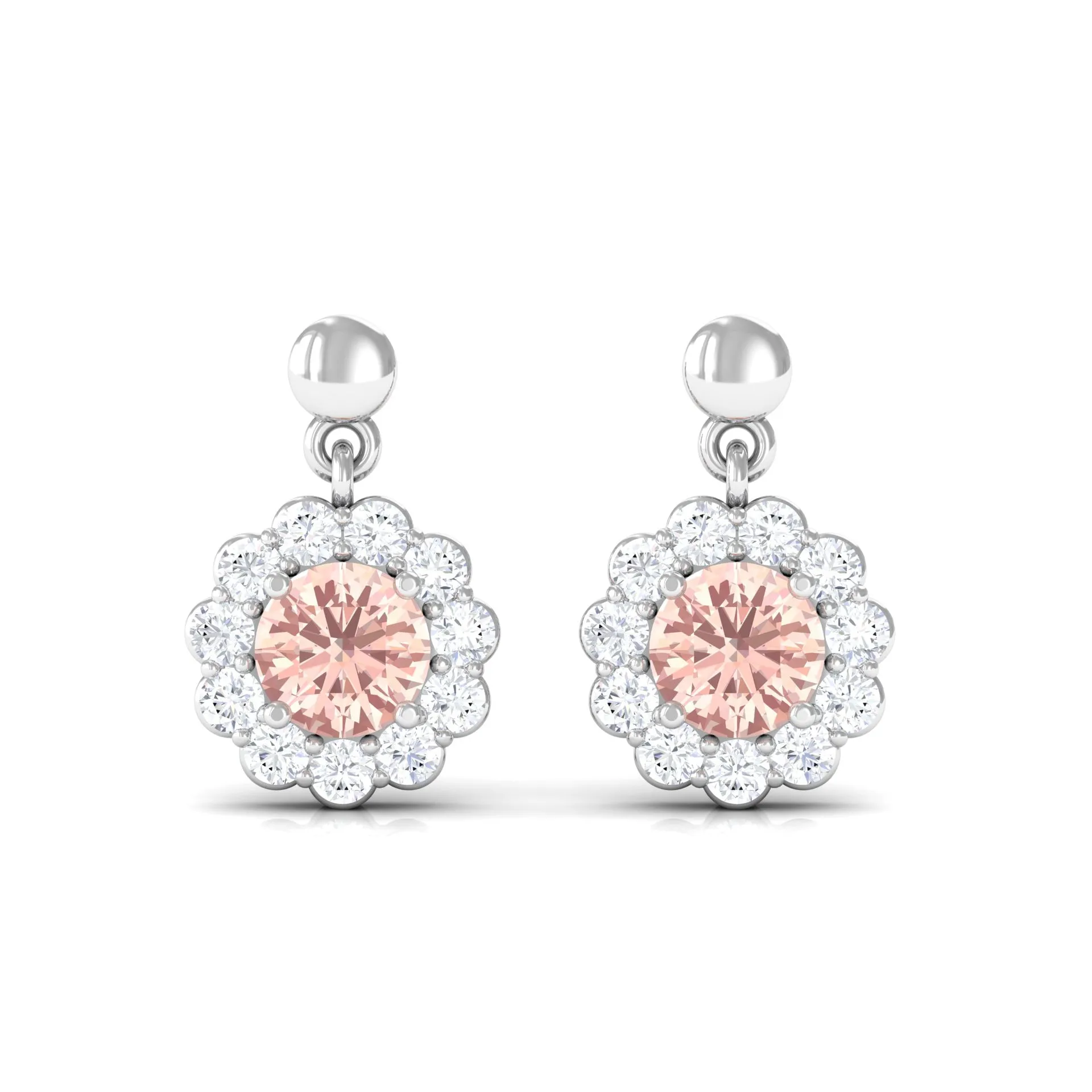 1 CT Real Morganite and Diamond Flower Halo Drop Earrings