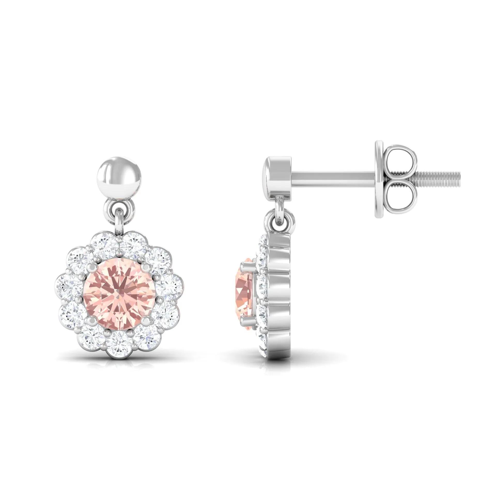 1 CT Real Morganite and Diamond Flower Halo Drop Earrings