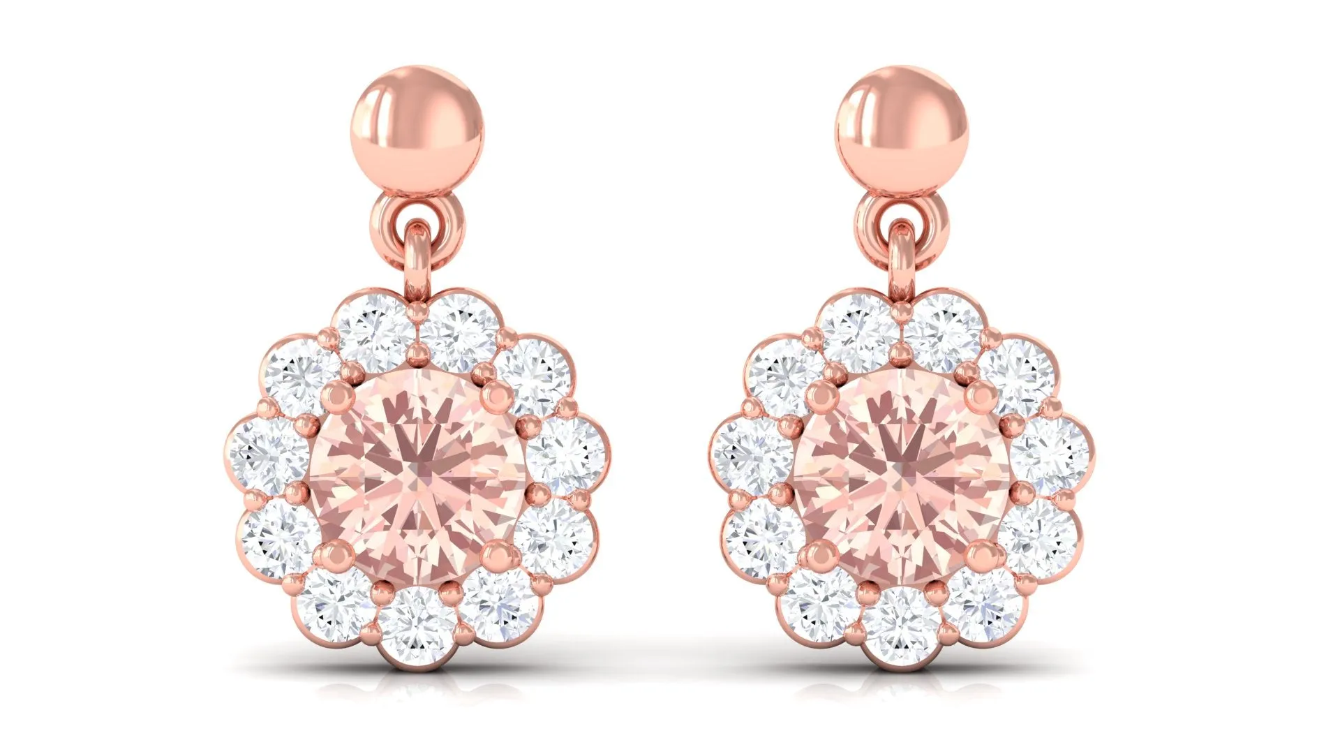 1 CT Real Morganite and Diamond Flower Halo Drop Earrings