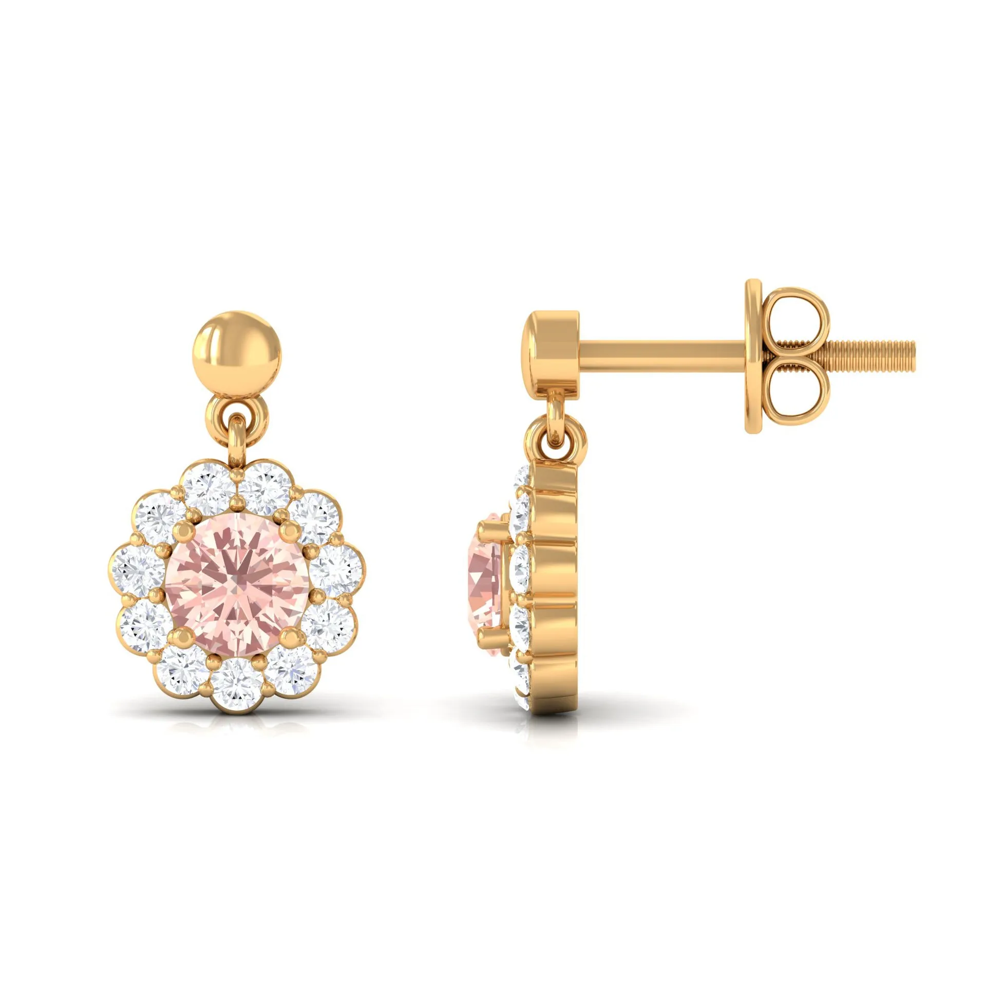 1 CT Real Morganite and Diamond Flower Halo Drop Earrings