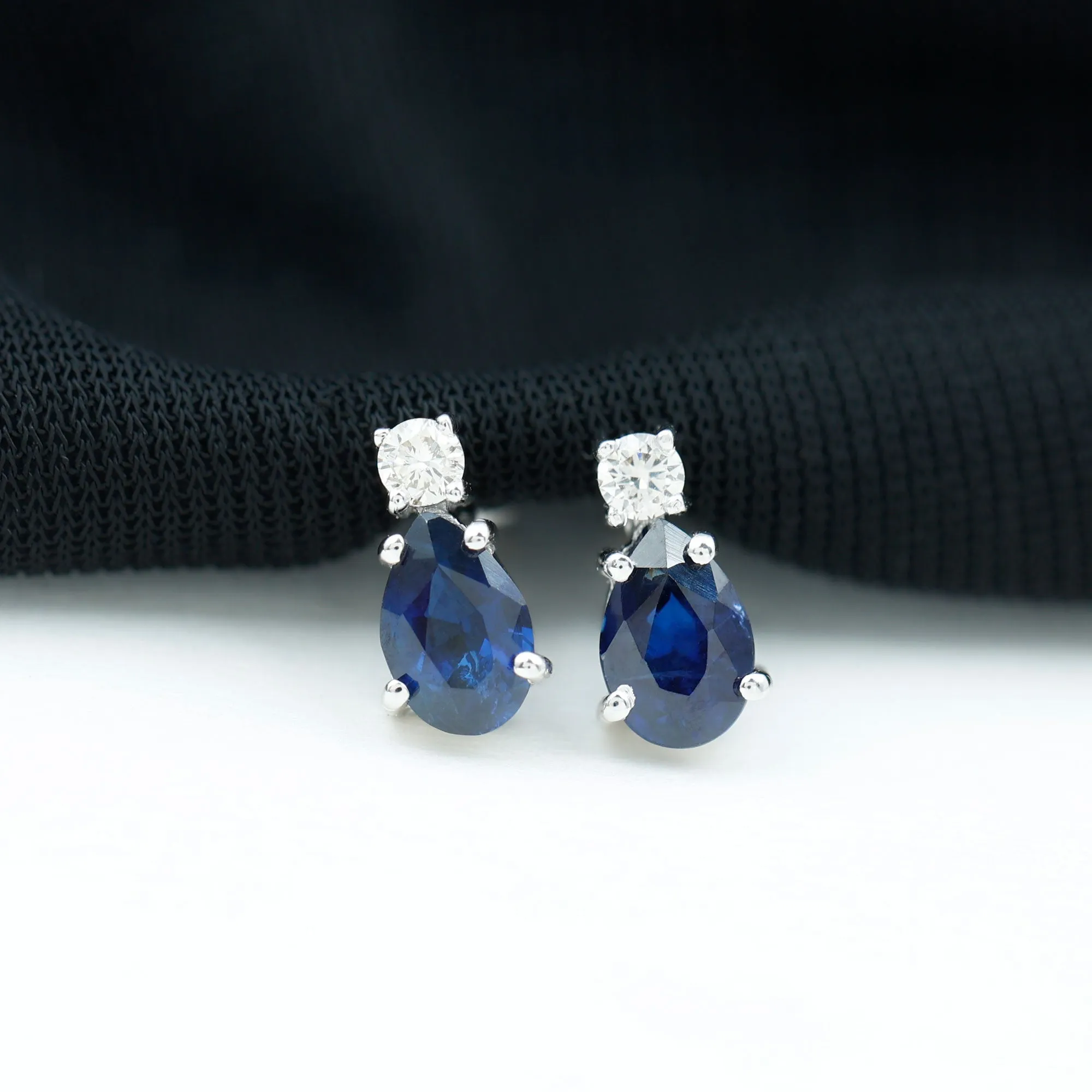 1 CT Simple Pear Cut Blue Sapphire and Round Diamond Two Stone Stud Earrings