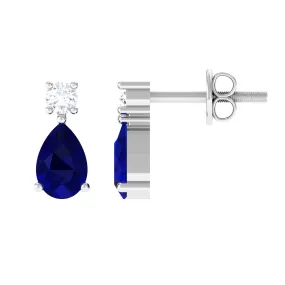 1 CT Simple Pear Cut Blue Sapphire and Round Diamond Two Stone Stud Earrings