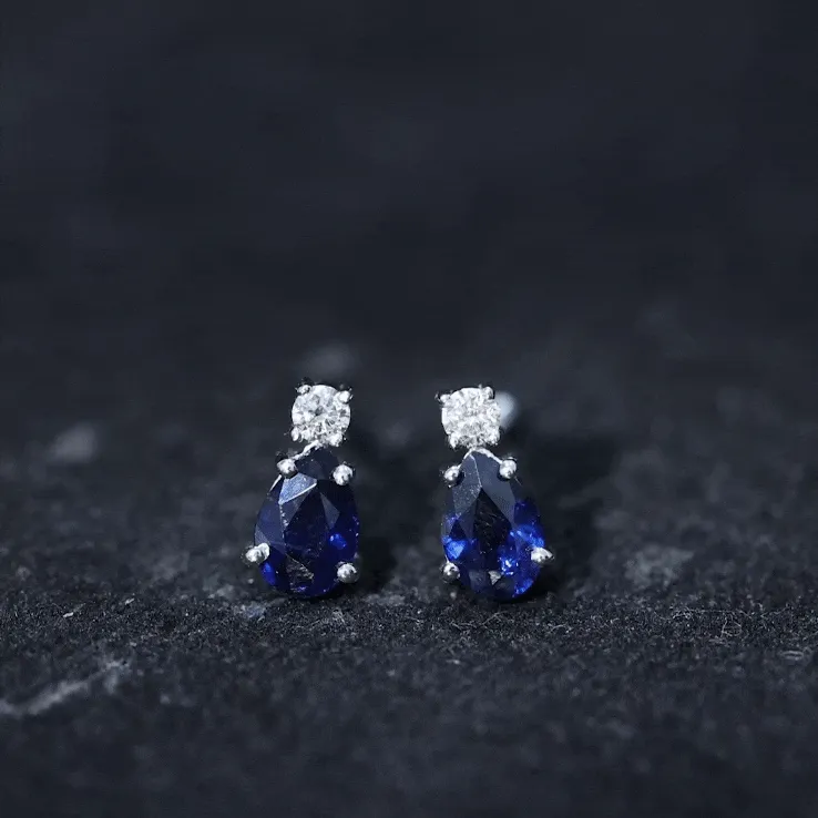 1 CT Simple Pear Cut Blue Sapphire and Round Diamond Two Stone Stud Earrings