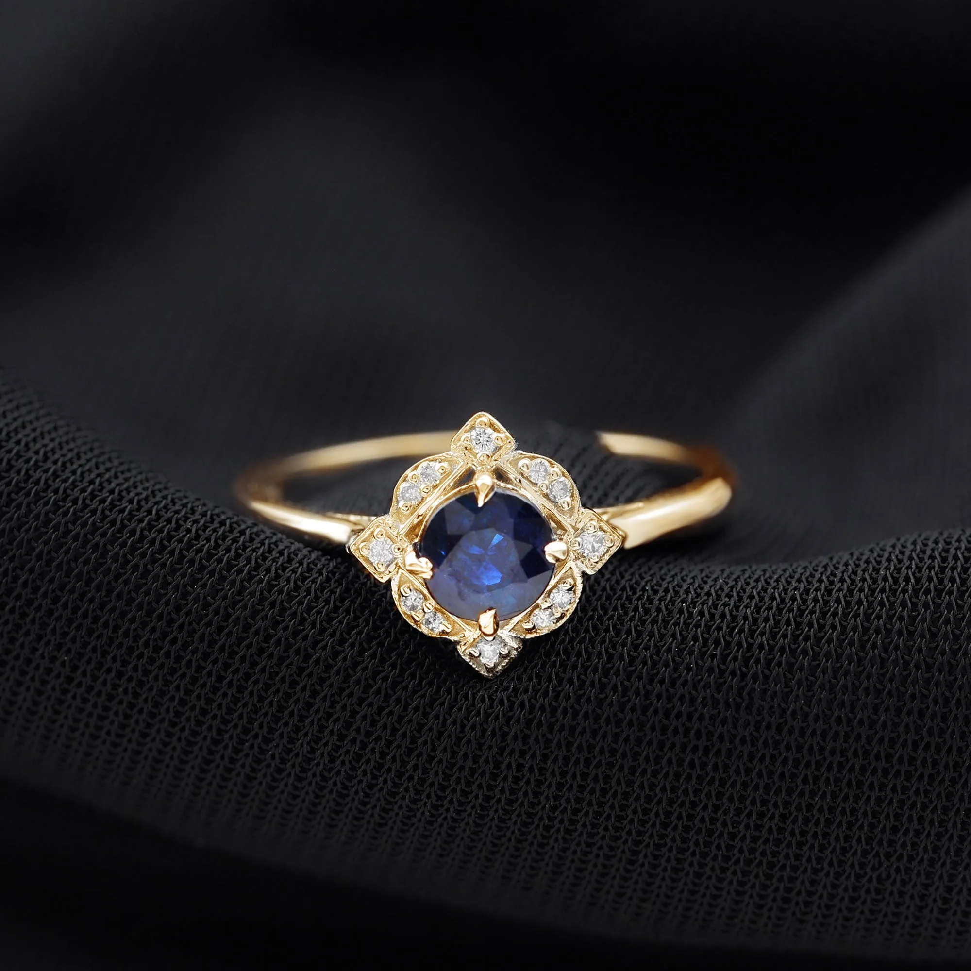 1 CT Vintage Blue Sapphire and Diamond Engagement Ring