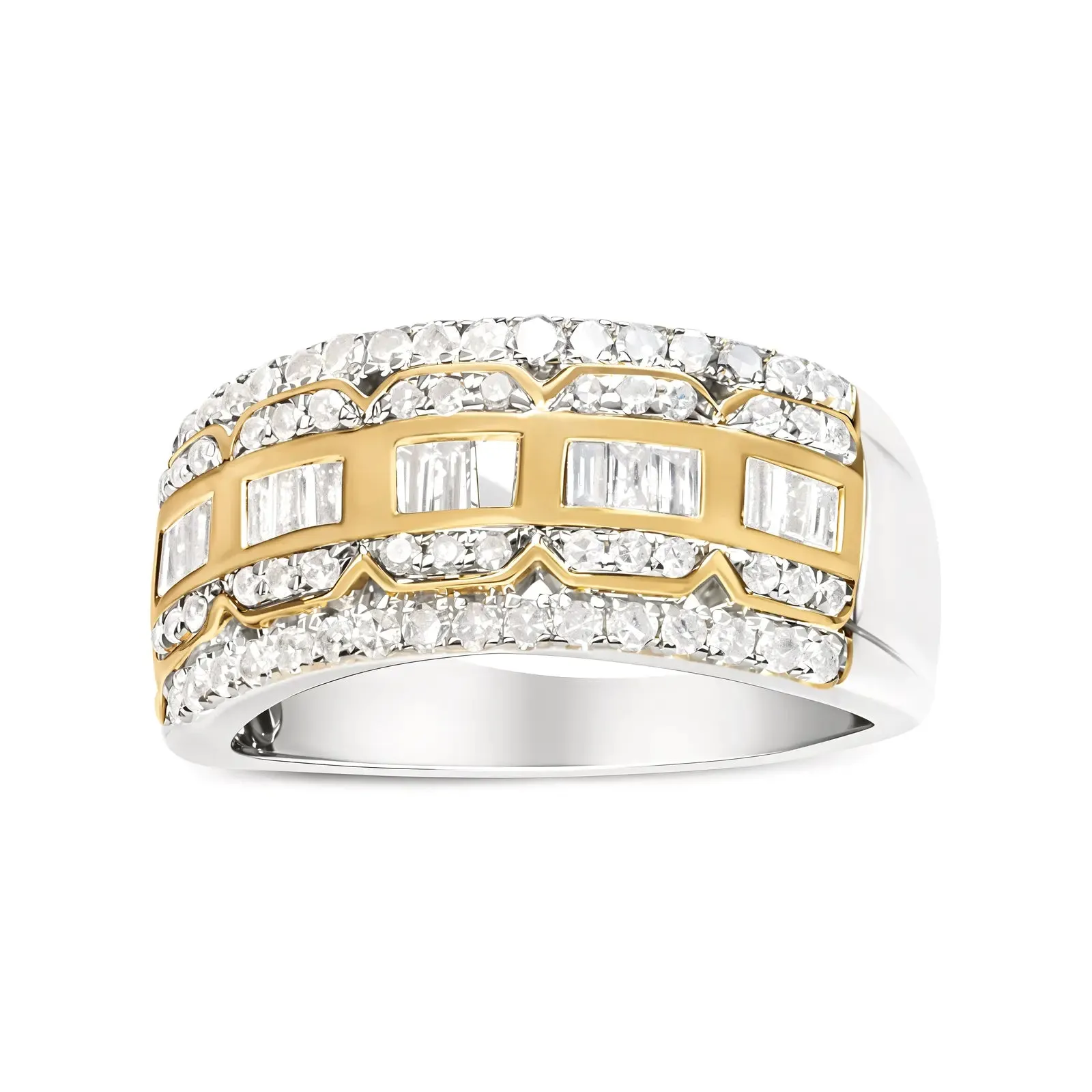 10K Art Deco Two-Tone Gold Diamond Multi-Row Baguette & Round Statement Ring with 1.00 Cttw