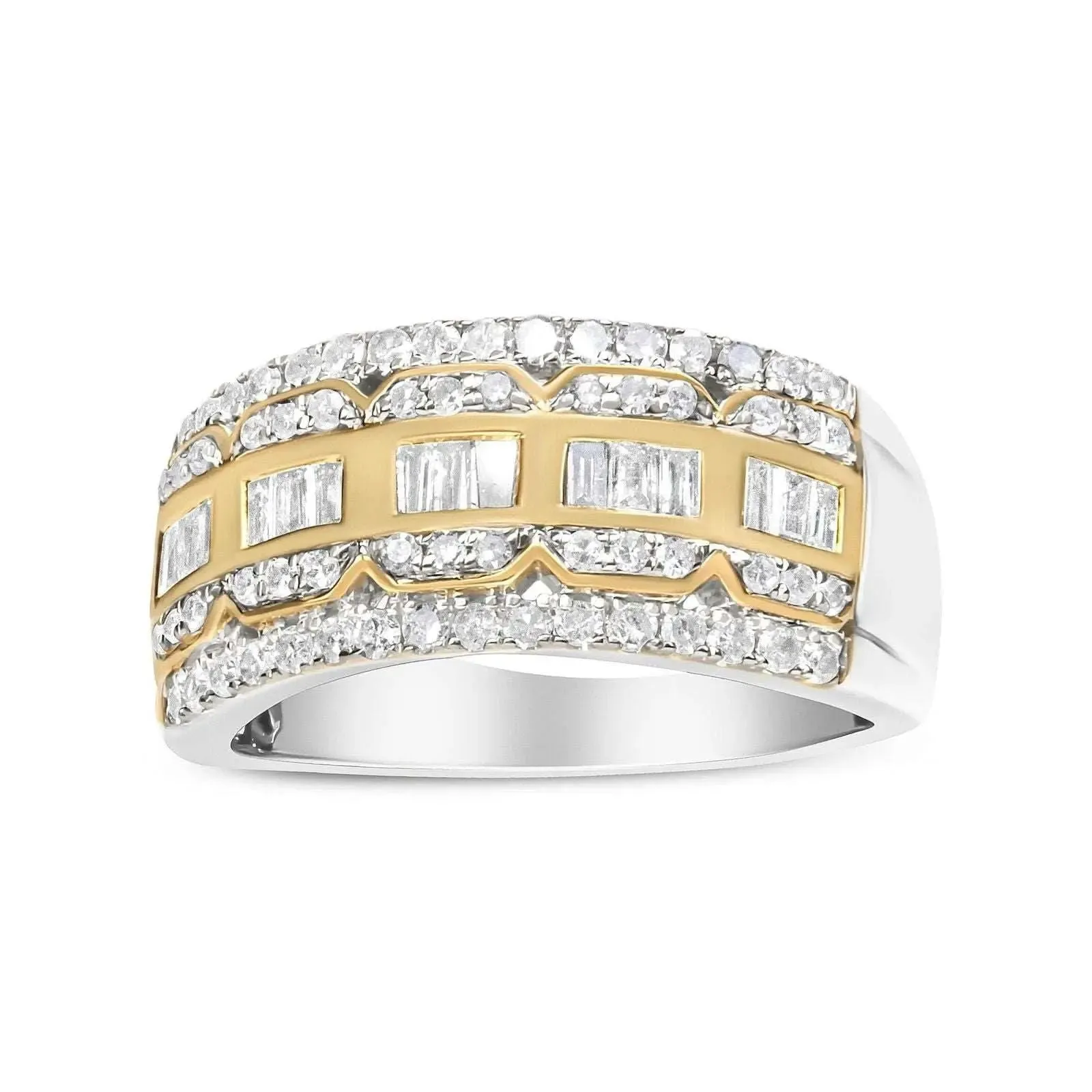 10K Art Deco Two-Tone Gold Diamond Multi-Row Baguette & Round Statement Ring with 1.00 Cttw