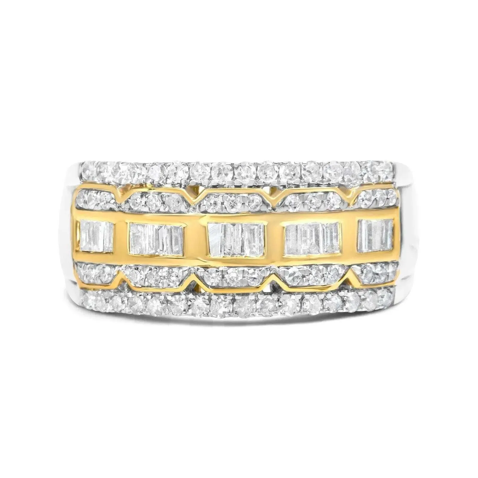 10K Art Deco Two-Tone Gold Diamond Multi-Row Baguette & Round Statement Ring with 1.00 Cttw