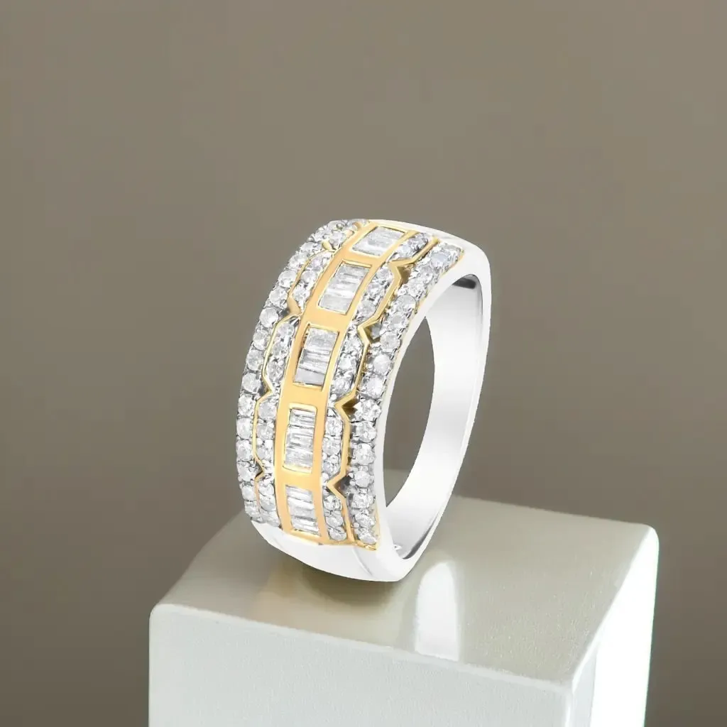 10K Art Deco Two-Tone Gold Diamond Multi-Row Baguette & Round Statement Ring with 1.00 Cttw