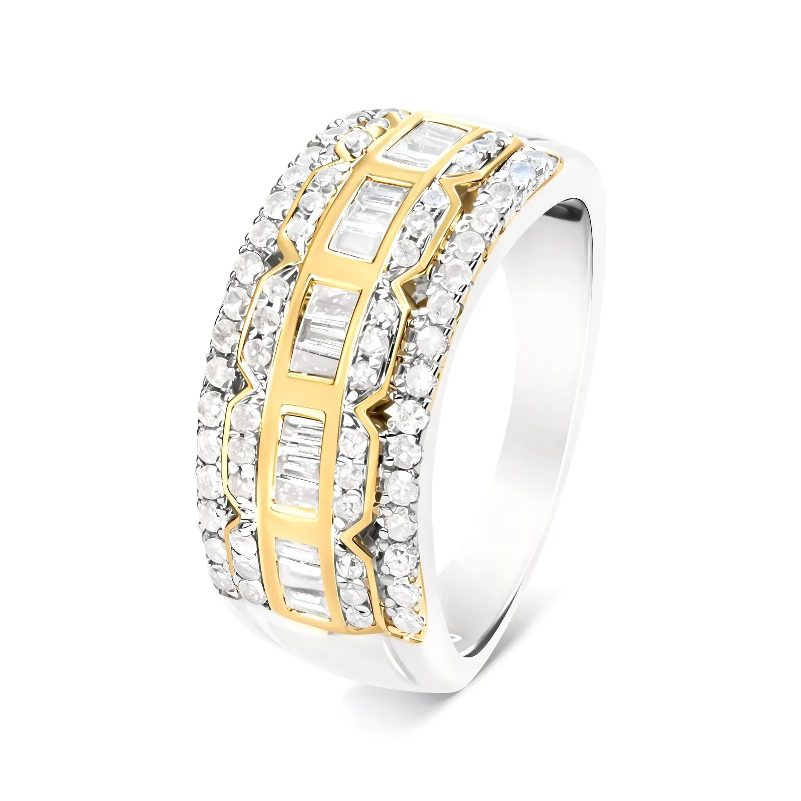 10K Art Deco Two-Tone Gold Diamond Multi-Row Baguette & Round Statement Ring with 1.00 Cttw