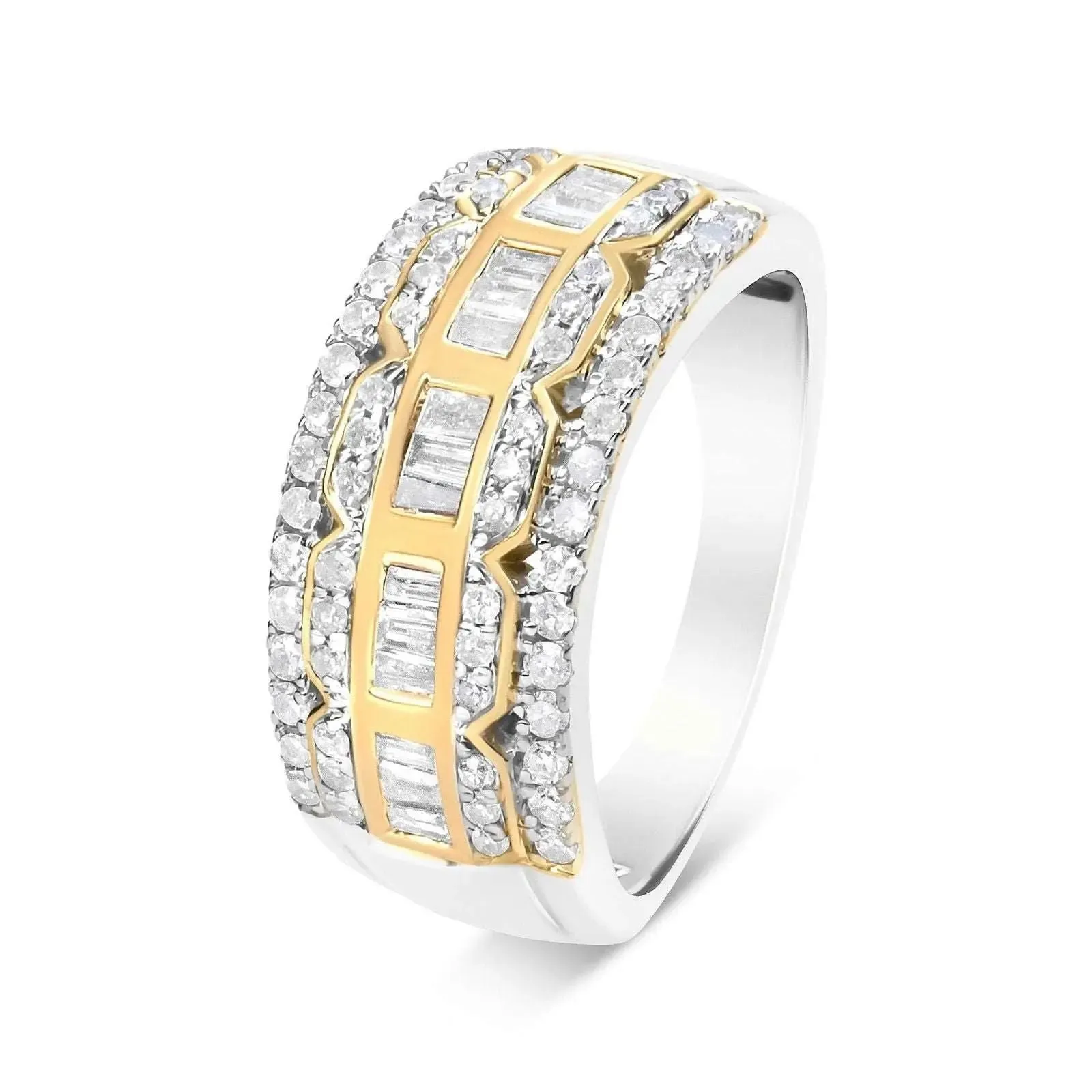 10K Art Deco Two-Tone Gold Diamond Multi-Row Baguette & Round Statement Ring with 1.00 Cttw