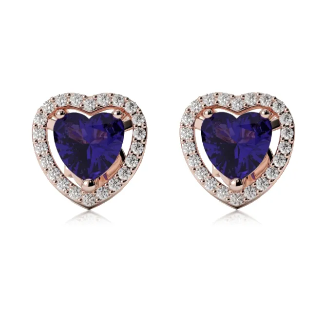 10k Rose Gold Plated 2 Ct Created Halo Heart Blue Sapphire Stud Earrings