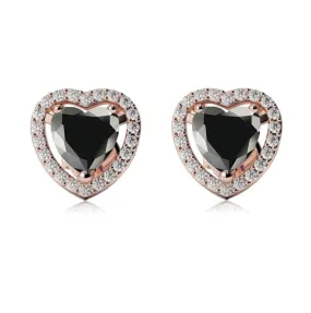 10k Rose Gold Plated 4 Ct Created Halo Heart Black Sapphire Stud Earrings