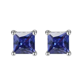 10k White Gold Plated 1 Carat Square Created Blue Sapphire Stud Earrings