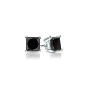 10k White Gold Plated 2 Carat Square Created Black Sapphire Stud Earrings