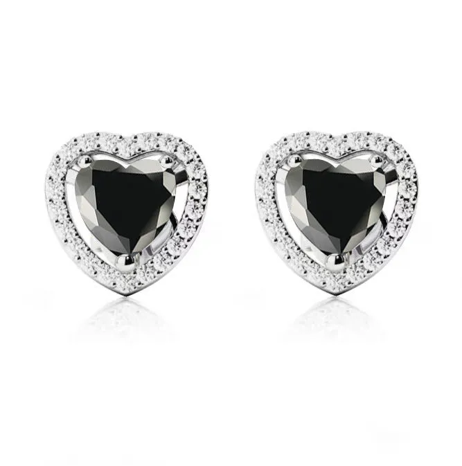 10k White Gold Plated 3 Ct Created Halo Heart Black Sapphire Stud Earrings