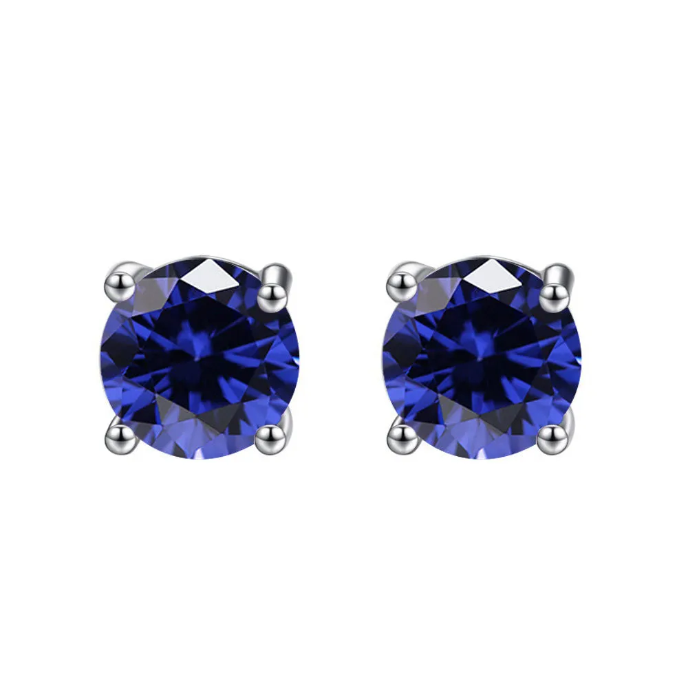 10k White Gold Plated 4 Carat Round Created Blue Sapphire Stud Earrings