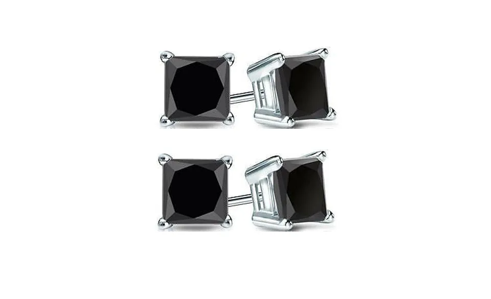 10k White Gold Plated Created Black Sapphire 1/2Ct Princess Cut Pack of Two Stud Earrings