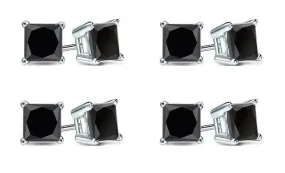 10k White Gold Plated Created Black Sapphire 1Ct Princess Cut Pack of Four Stud Earrings