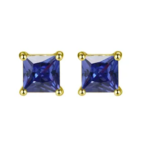 10k Yellow Gold Plated 1/2 Carat Princess Cut Created Blue Sapphire Stud Earrings