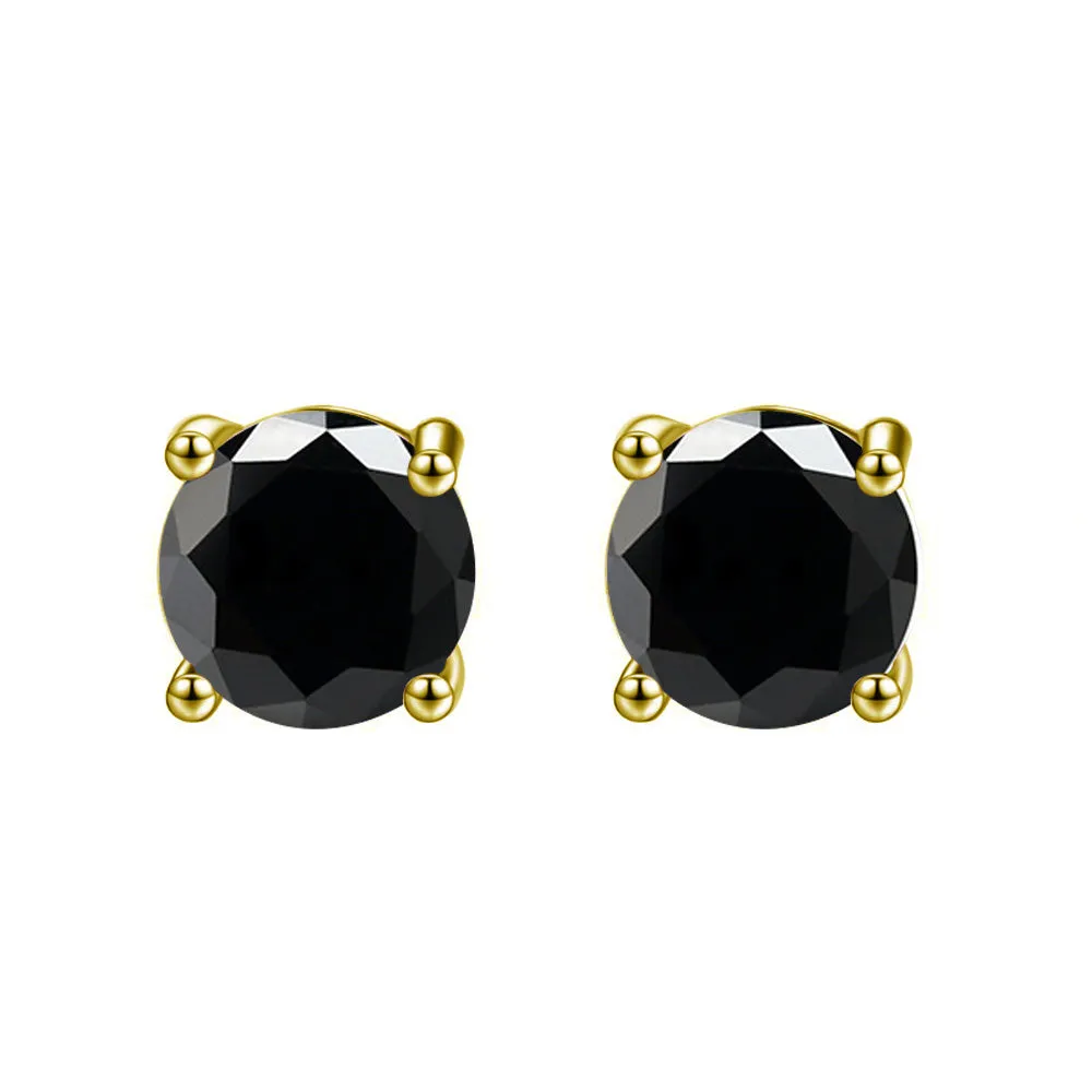 10k Yellow Gold Plated 4 Carat Round Created Black Sapphire Stud Earrings