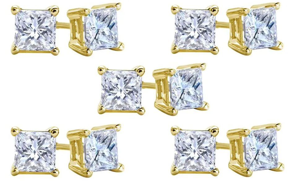 10k Yellow Gold Plated Created White Sapphire 1 Carat Square Cut Pack of Five Stud Earrings