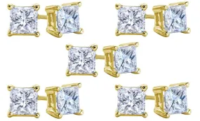 10k Yellow Gold Plated Created White Sapphire 1 Carat Square Cut Pack of Five Stud Earrings