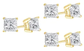 10k Yellow Gold Plated Created White Sapphire 1/2 Carat Princess Cut Pack of Three Stud Earrings