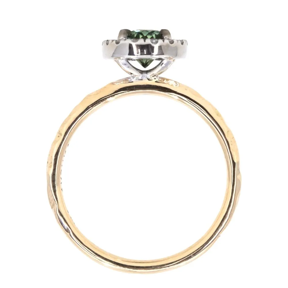 1.20ct Silky Oval Green Madagascar Sapphire and Diamond Four Prong Halo Ring in 14K White Gold Halo and 14k Yellow Gold Shank