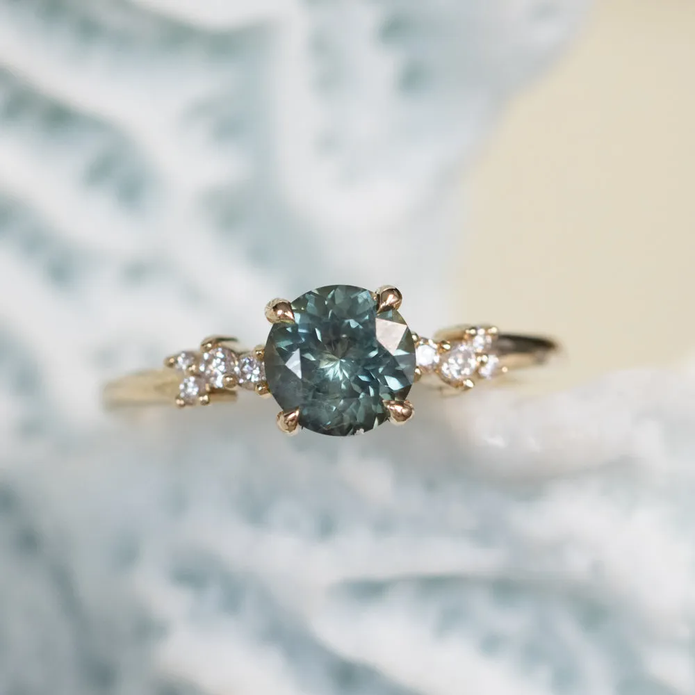 1.23ct Teal Green-Blue Montana Sapphire and Diamond Starry Night Low Profile Solitaire in 14k Yellow Gold