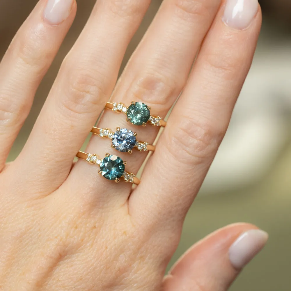 1.23ct Teal Green-Blue Montana Sapphire and Diamond Starry Night Low Profile Solitaire in 14k Yellow Gold