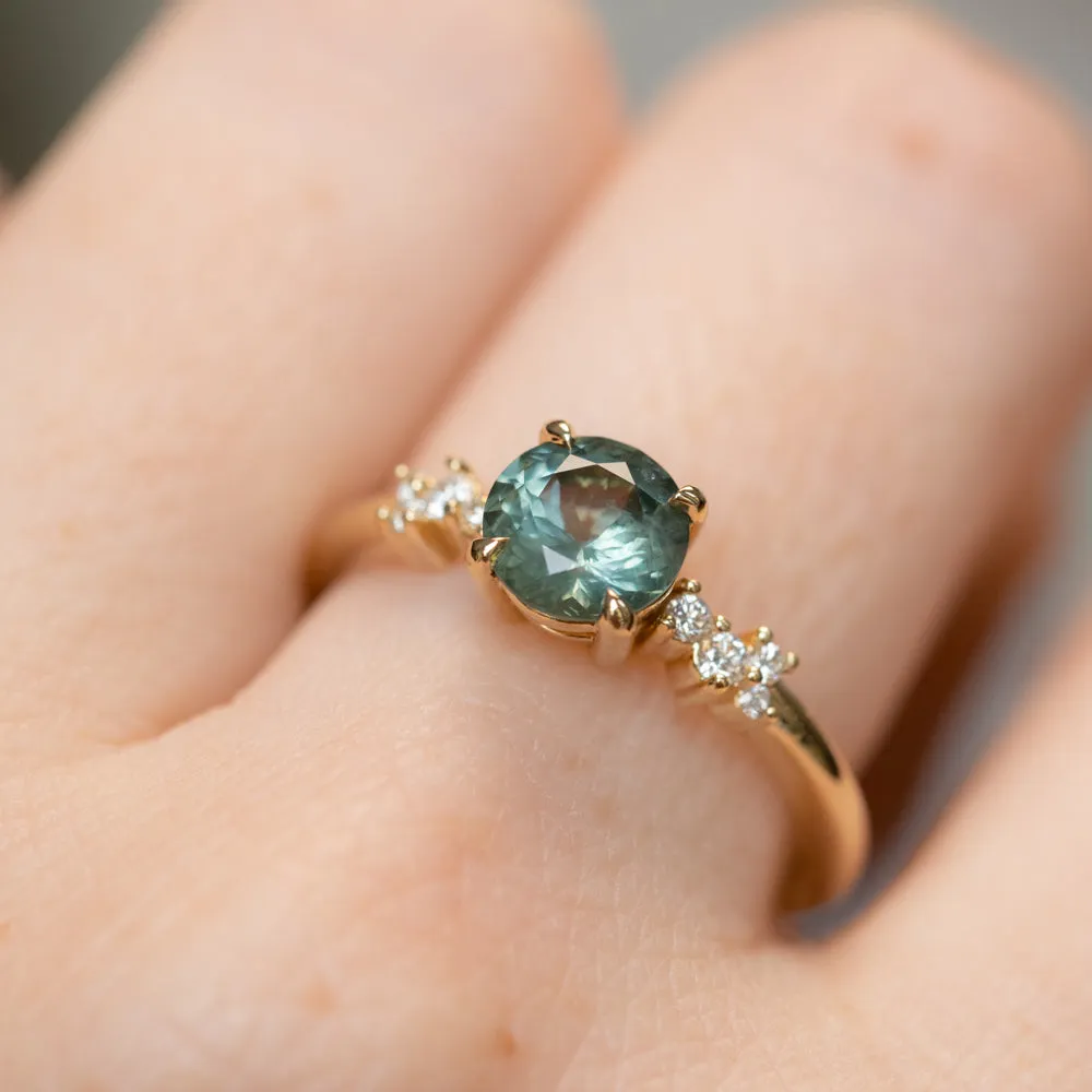 1.23ct Teal Green-Blue Montana Sapphire and Diamond Starry Night Low Profile Solitaire in 14k Yellow Gold