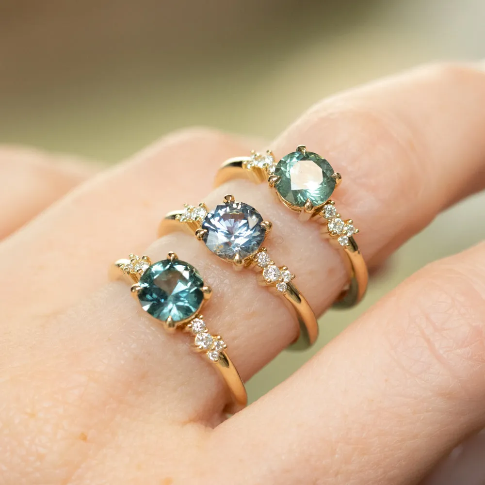 1.23ct Teal Green-Blue Montana Sapphire and Diamond Starry Night Low Profile Solitaire in 14k Yellow Gold