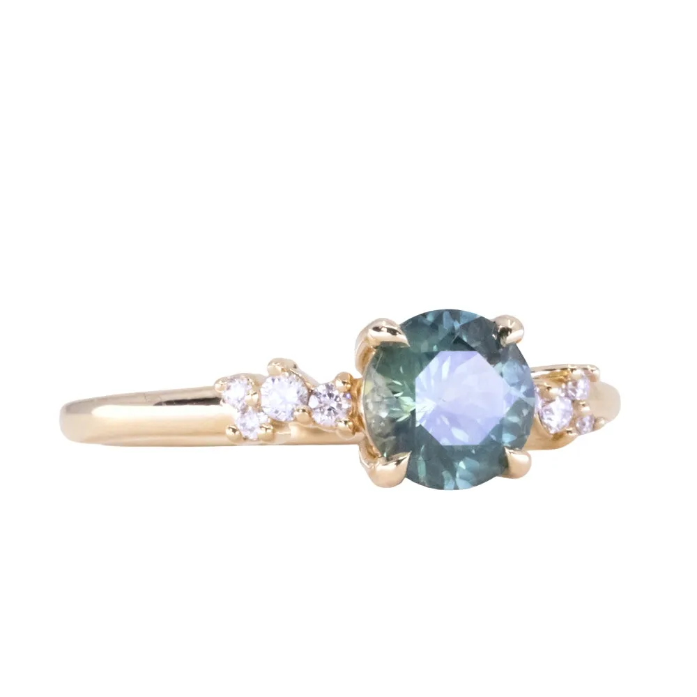 1.23ct Teal Green-Blue Montana Sapphire and Diamond Starry Night Low Profile Solitaire in 14k Yellow Gold