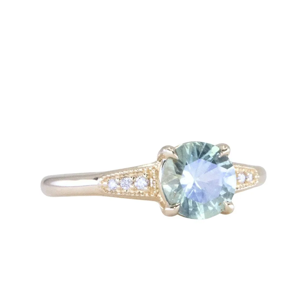 1.32ct Untreated Round Blue-Green Montana Sapphire Four Prong Low Profile Milgrain and Diamond Ring in 14k Yellow Gold