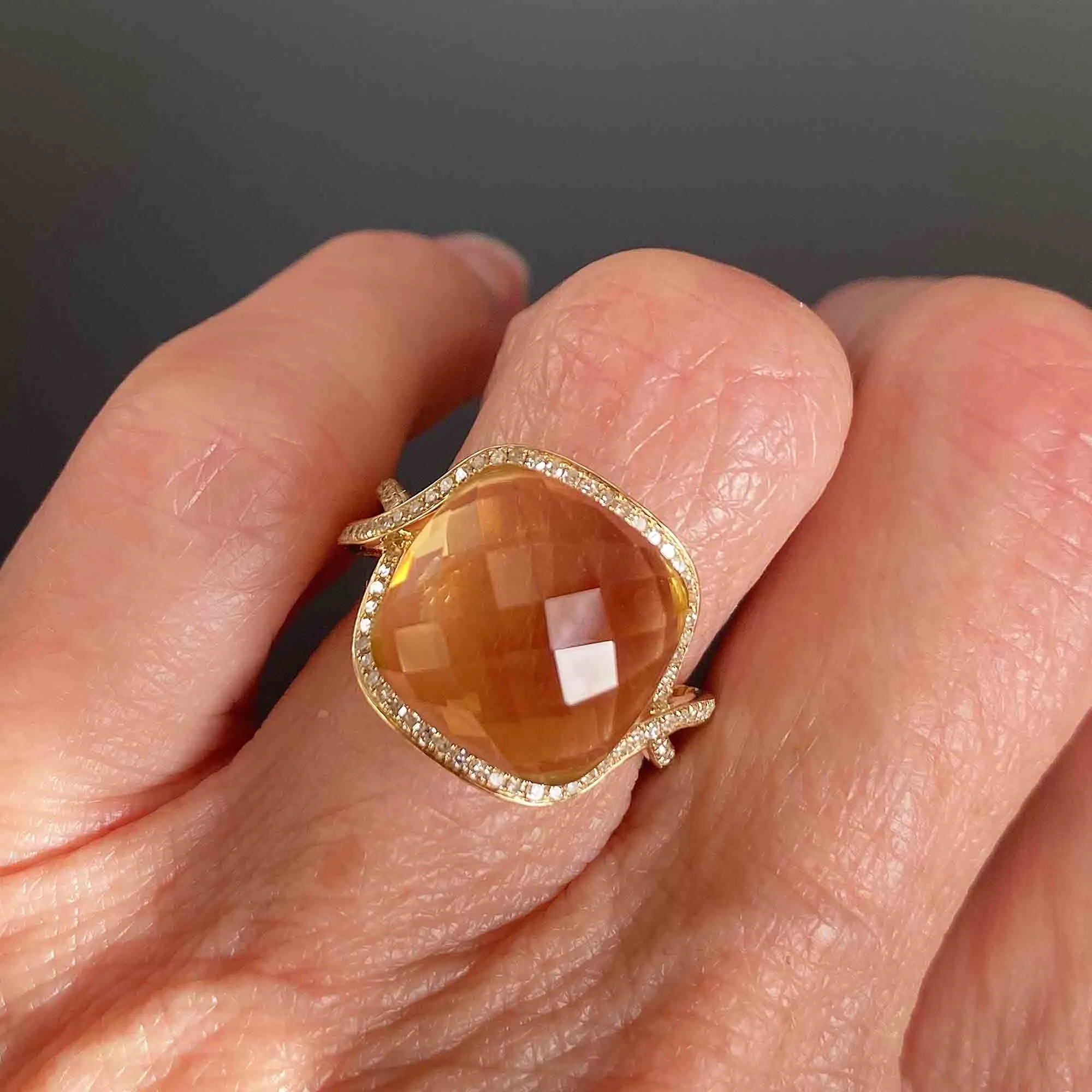 14K Gold Diamond Halo Checkerboard Citrine Ring