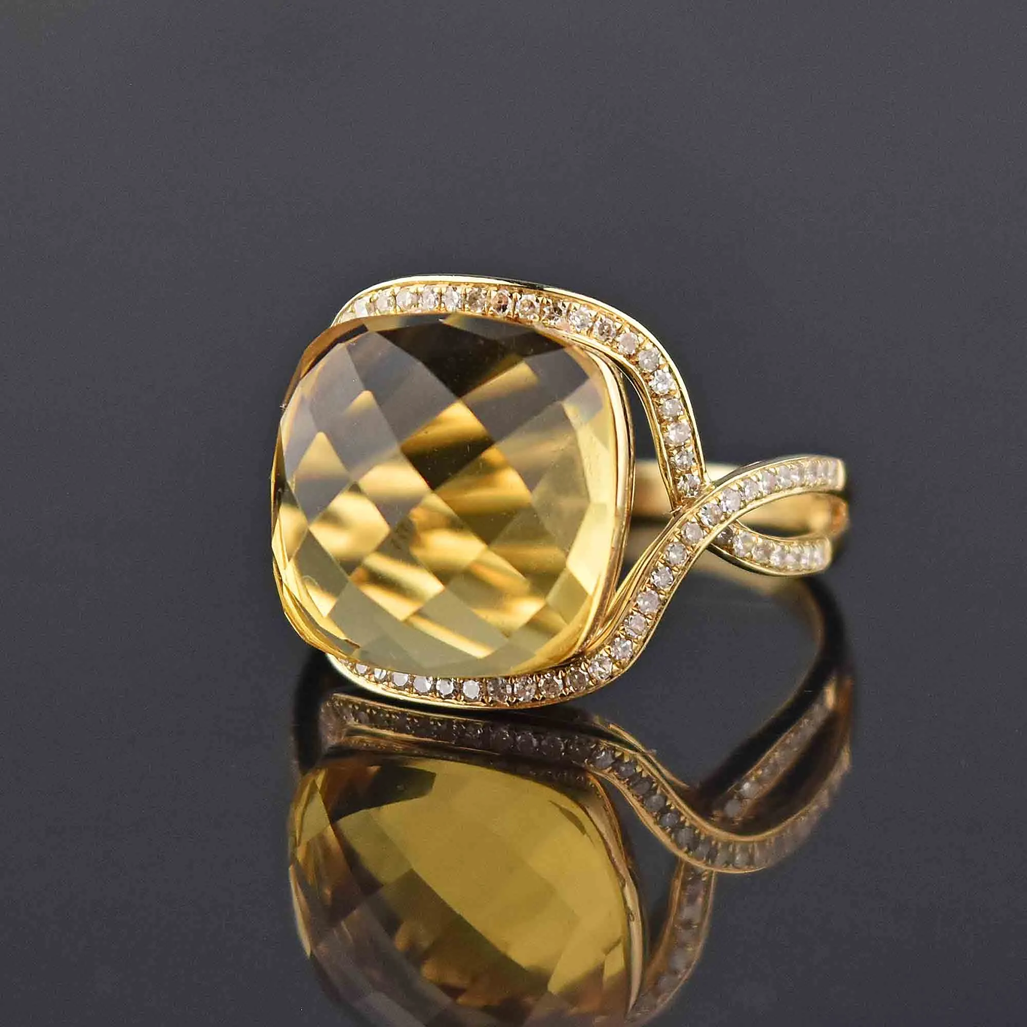 14K Gold Diamond Halo Checkerboard Citrine Ring