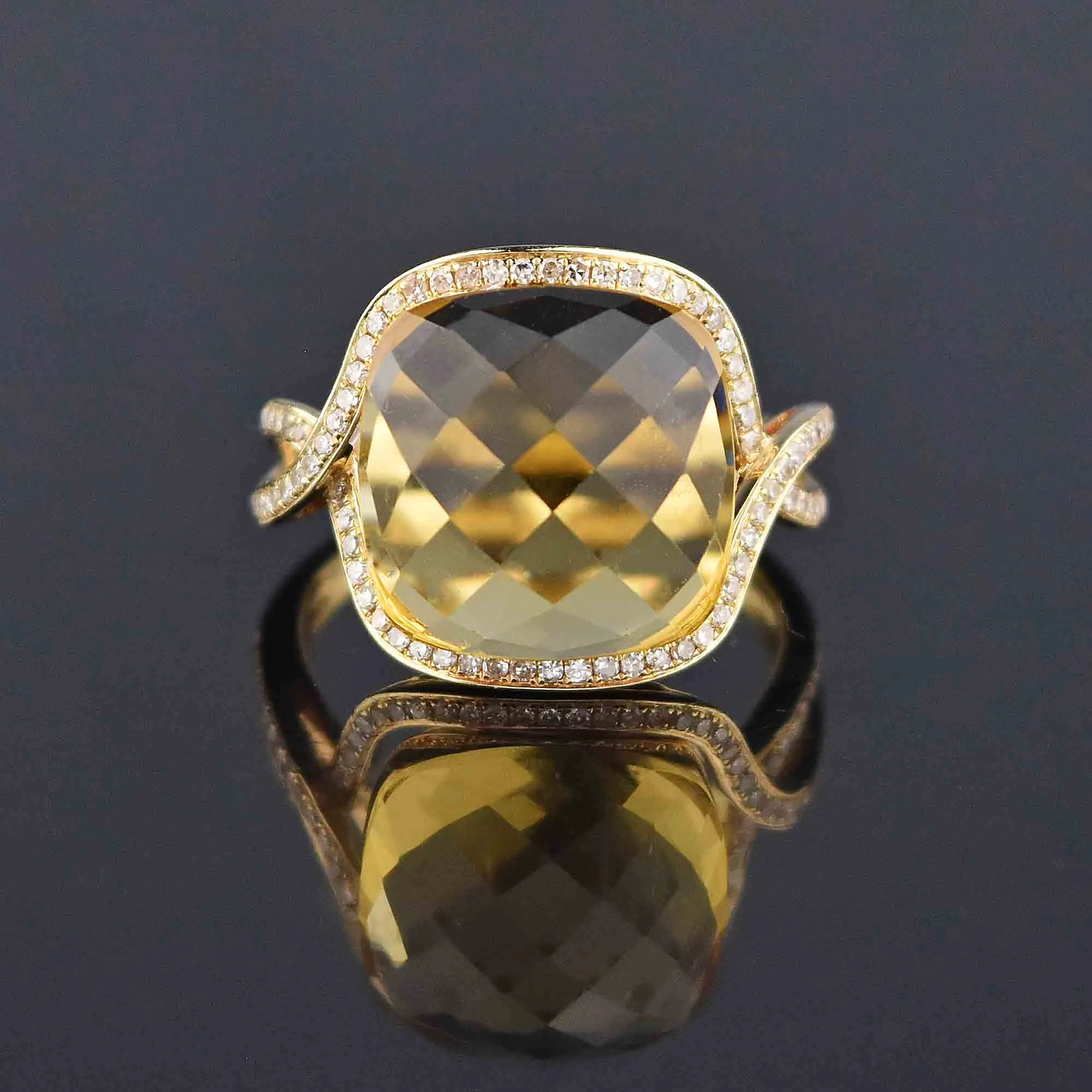 14K Gold Diamond Halo Checkerboard Citrine Ring