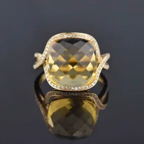 14K Gold Diamond Halo Checkerboard Citrine Ring