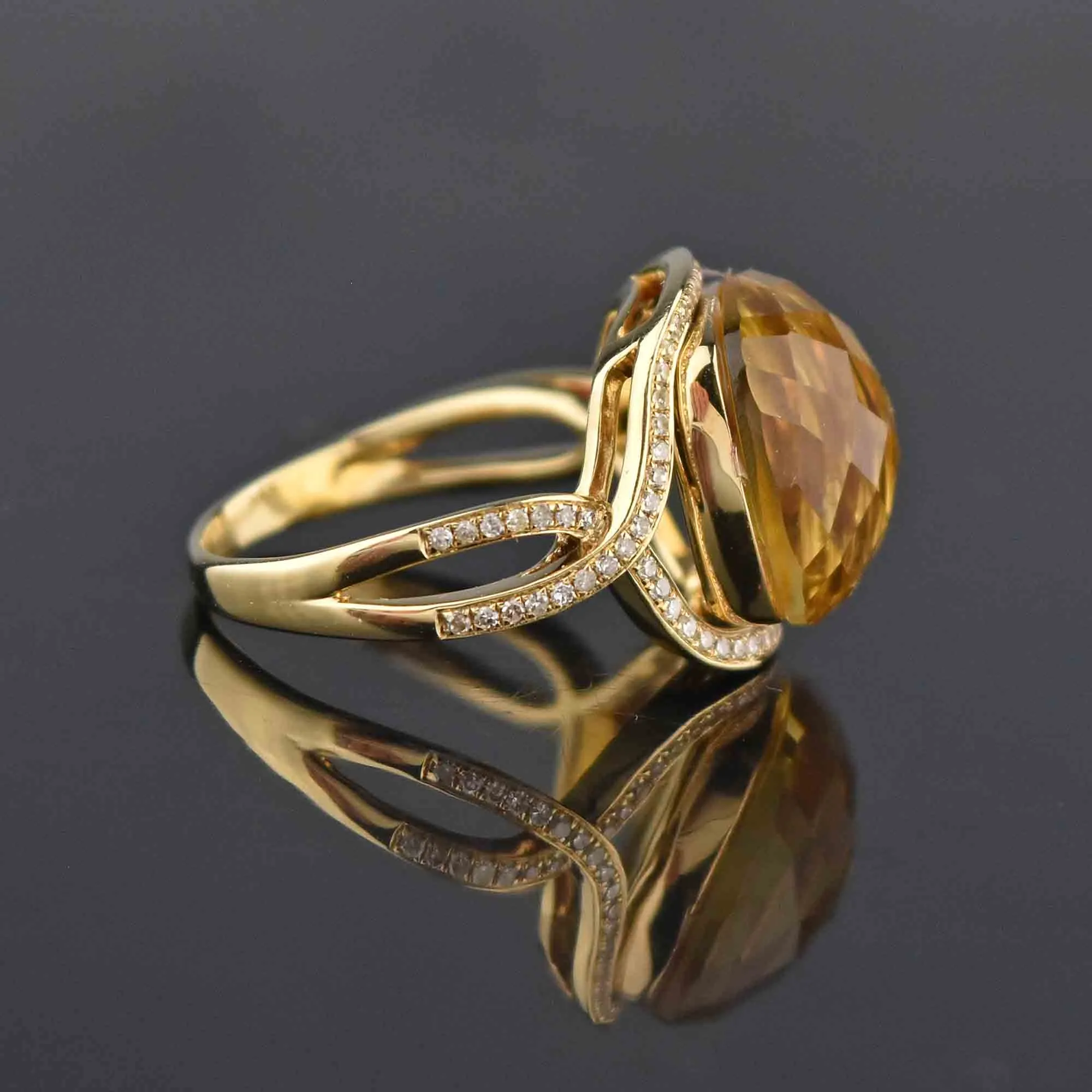 14K Gold Diamond Halo Checkerboard Citrine Ring