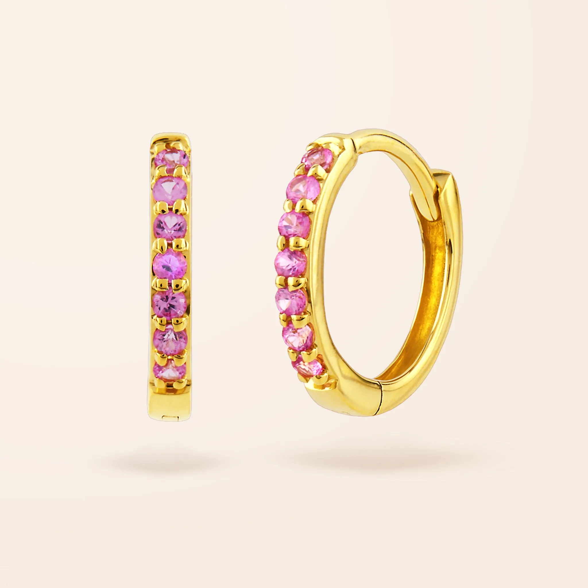 14K Gold Pink Sapphire Huggie Earrings