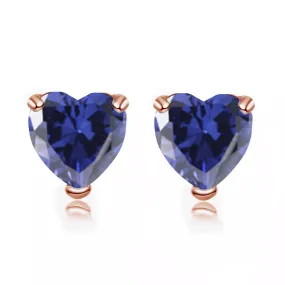 14k Rose Gold Plated 2 Carat Heart Created Blue Sapphire Stud Earrings