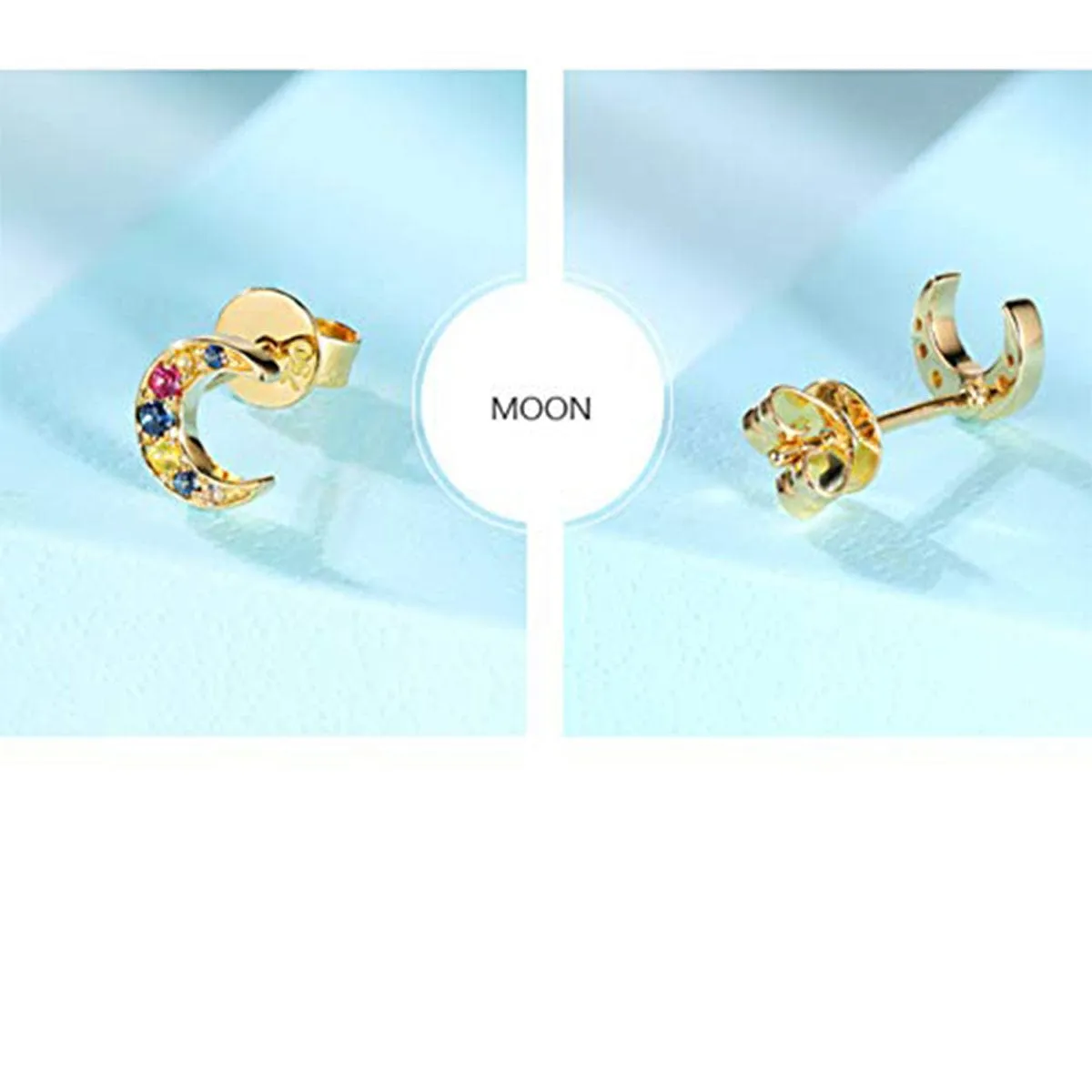 14K Solid Yellow Gold Natural Multicolored Sapphire Half-Moon Stud Earrings