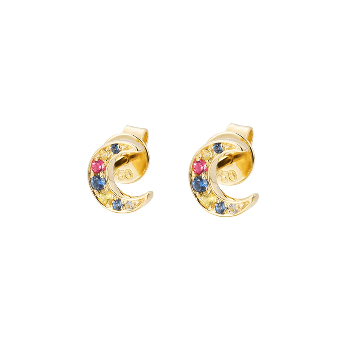 14K Solid Yellow Gold Natural Multicolored Sapphire Half-Moon Stud Earrings