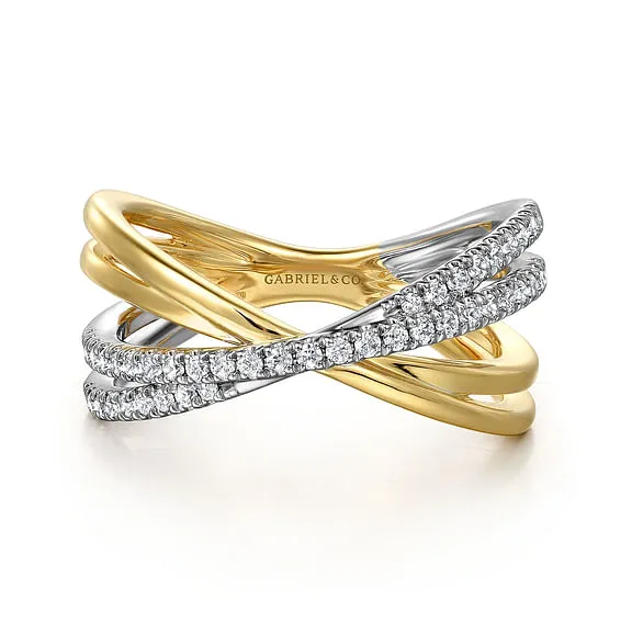 14K White and Yellow Gold Diamond Criss Cross Ladies Ring