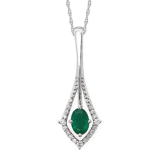 14K White Gold Emerald and Diamond Drop Pendant